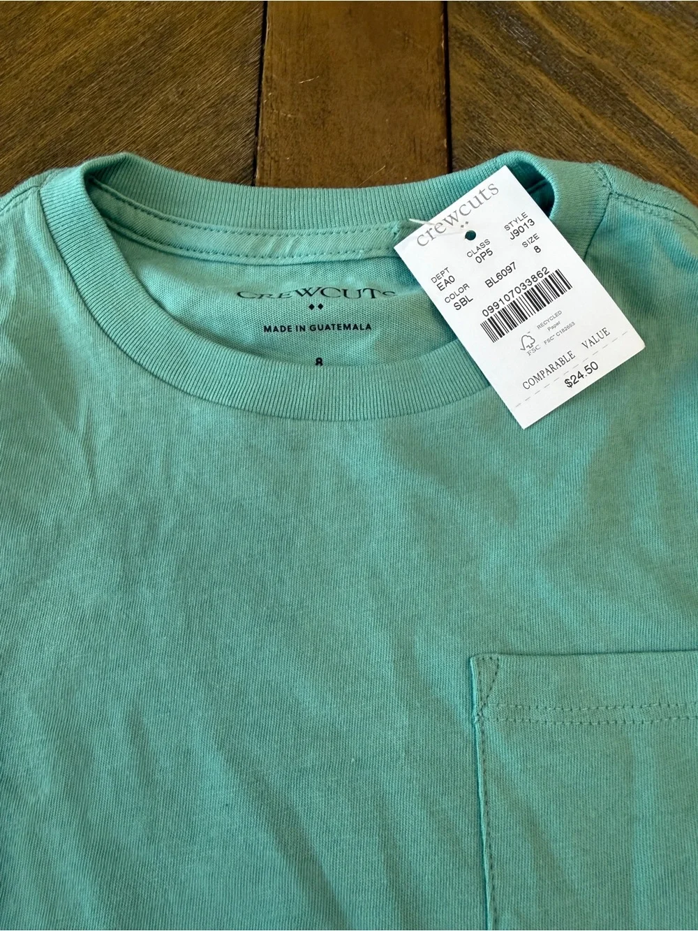 Crewcuts NWT Seafoam Green/Blue Longsleeve Pocket Tee Boys Size 8 100% Cotton